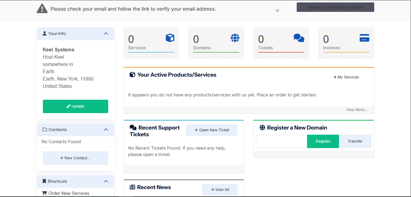 HostKeel client area dashboard